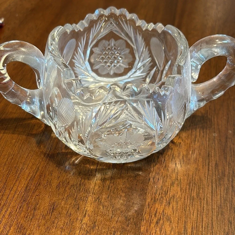 Antique Creamer & Sugar Bowl‎ AB Brilliant Heavy Cut Crystal Saw Tooth Hobstar